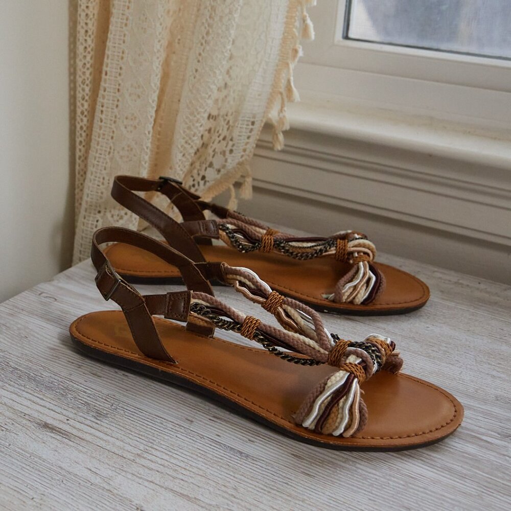 Rope + Chain Designed Strappy Summer Sandals | Brown, Natural {Size 10}